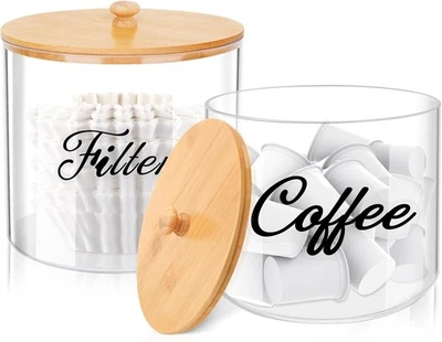 Soporte para cápsulas de café 2 piezas con tapa de bambú, almacenamiento en encimera transparente de 5 pulgadas y 6 pulgadas para... Foto 1 de 4