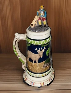Cerveza Alemana Stein Caza Ciervo Escena 14” Hombre Con Tapa Perro De Colección - Imagen 1 de 4