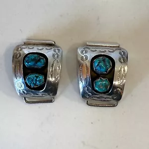 Punte orologio vintage firmato Navajo Harrison Largo argento sterling e turchese - Foto 1 di 7
