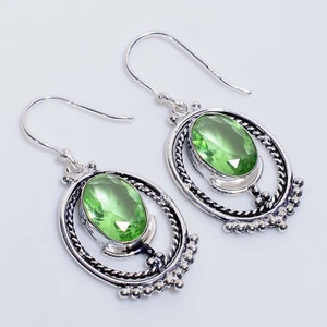 Peridot Gemstone Vintage Style Handmade 925 Sterling Silver Earrings 1.9" d344 - Picture 1 of 5