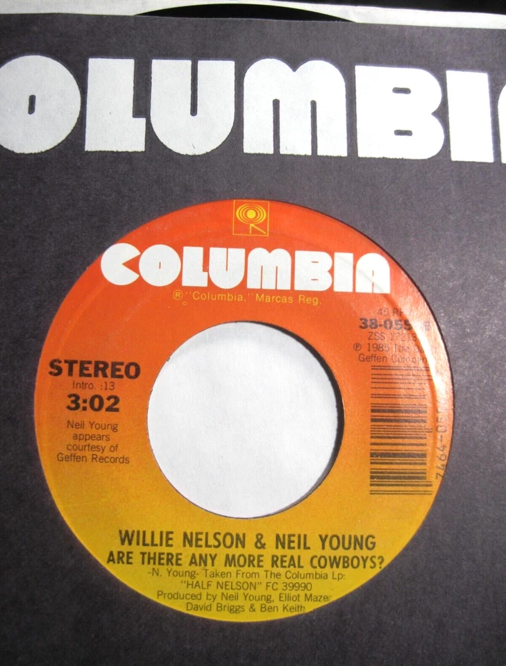 WILLIE NELSON & NEIL YOUNG * 45 * Any More Real Cowboys? * 1985 * UNPLAYED MINT - Image 1 of 1