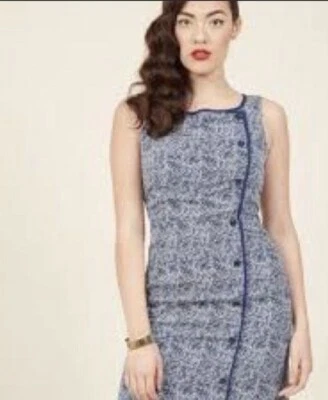 MODCLOTH Liza Luxe Classified Chic Sheath Dress Midi Retro Vtg Style M Blue Y12 - Image 1 of 4