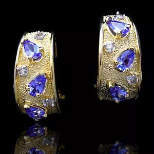 Pair of estate 14K yellow gold diamond & tanzanite J-hoop earrings - Picture 1 of 2