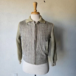 Vintage 1950s Sir Jac Gray Wool Plaid Ricky Jacket Knit Sleeves Rockabilly M - Picture 1 of 15