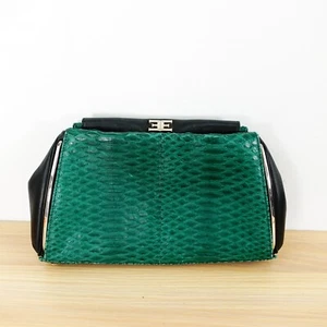 Snakeskin Clutch Python Italian Leather Black EPONYMOUS Purse Green Frame $1,495 - Picture 1 of 23