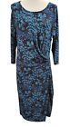 Talbots Faux Wrap Dress Size L Blue Black Paisley Floral 3/4 Sleeve Cottage Core