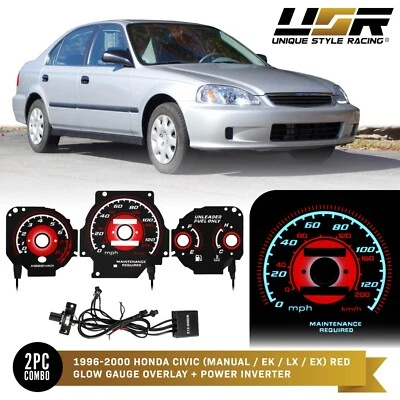 RED Type-R Glow Gauge Black Overlay For 96-00 Honda Civic EK MANUAL Cluster - Image 1 of 4
