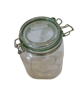Vintage Glass Storage Jar With Hinged Lid & Green Seal 6 Inch Tall Airtight Cont - Picture 1 of 5