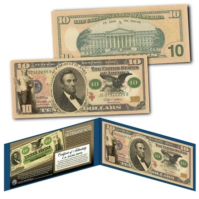 1861 Abraham Lincoln Demand Note Civil War $10 Banknote on Modern U.S. $10 Bill - Image 1 of 3