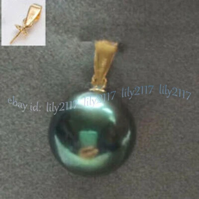 Gorgeous AAAA 10-11mm Natural Black Green Tahitian Round Pearl Pendant 14K Gold - Image 1 of 4