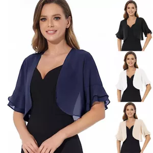 Womens Cropped Chiffon Open Short Ruffle Sleeve Bolero Cardigan Shirts Tops Size - Picture 1 of 28
