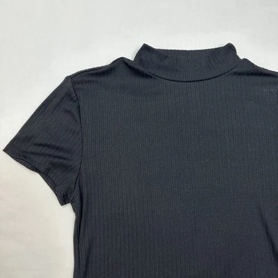 Eye Candy Shirt Womens Large Black Striped Knit Short Sleeve High Neck - Image 1 of 4