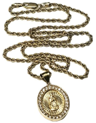 Collar de cadena de cuerda con corte de diamante de oro BNZ Virgen María circonita cúbica collar colgante 24" Foto 1 de 4