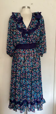 Vestido vintage anos 80 semi transparente gorgette Diane Freis azul floral com babados tamanho M - Imagem 1 de 4