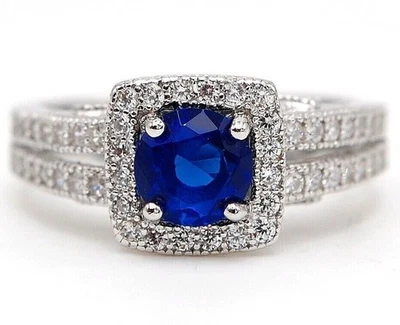 Anillo de plata de ley 925 con zafiro azul y topacio tratado de 3 quilates talla 6 U1-7 Foto 1 de 3