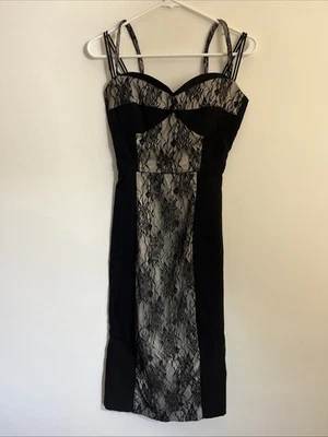 Y2K Dress M Black Lace Panel Stretch Strappy Sleeveless Stop Staring - Image 1 of 4