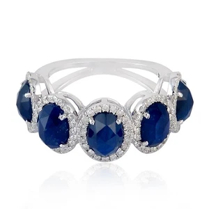 Anello donna oro massiccio bianco zaffiro blu pietra preziosa pavè diamanti g... - Foto 1 di 6