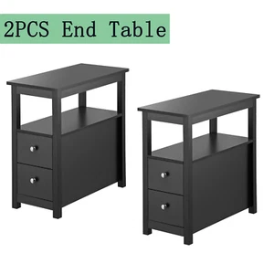 2 PACK 2-Tier End Table Side Black Table Storage Shelf w/ 2 Drawers Living Room - Picture 1 of 16
