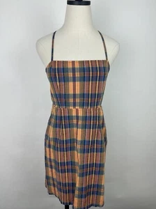 URBAN OUTFITTERS Mini Dress M Plaid Woven Cotton Strappy Open Back Preppy Boho - Imagen 1 de 13