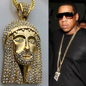 MENS HIP HOP 14K GOLD PLATED JESUS PENDANT W/ 36" FRANCO CHAIN NECKLACE - Picture 1 of 5
