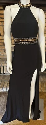 Vestido largo Faviana negro jersey dorado con cuentas cuello halter nuevo con etiquetas talla 4 Foto 1 de 4