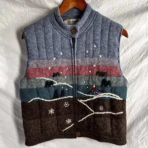 Vintage 80s Wool L L Bean Vest Skier Women M Medium Multicolor Full Zip 2 HOLES - Picture 1 of 24