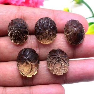 5 Pcs Natural Smoky Quartz 18mm-20mm Oval Mughal Hand Carving Loose Gemstones - Picture 1 of 10