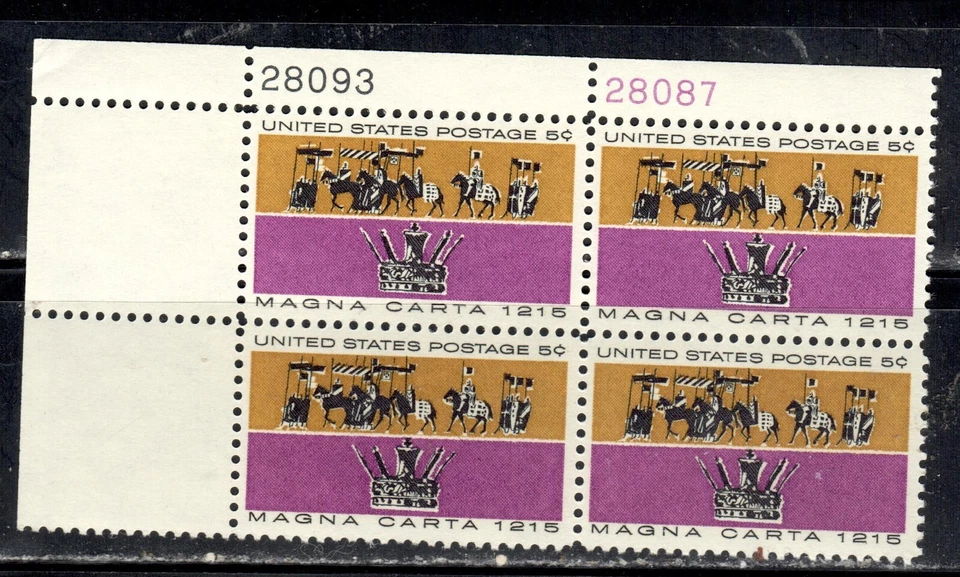 #1265 1965 5-cent Magna Carta block of 4 with plate# MNH - Image 1 of 1