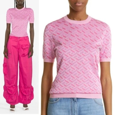 38 NEW $1,375 VERSACE Pink Jacquard LA GRECA Short-Sleeved SWEATER KNIT TOP XS - Image 1 of 4