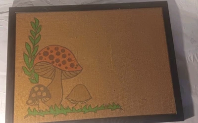 Vintage Tandy Mushroom Bulletin Memo Board Burlap Wall Hanging  70's Retro Art - Image 1 of 2