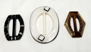 Lot 3 Vintage Czech Glass Belt Buckles White Black Burgundy Gold Detail Oval - Picture 1 of 1
