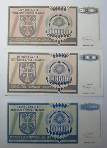 CROATIA Knin lot 3x 1 10 20 million Dinara XF - UNC War Serbia Scarce 1000000 - Picture 1 of 6