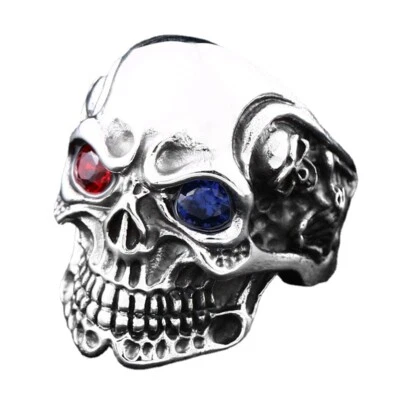 Gothic Mens Biker Skull Red Blue Eye Ring Stainless Steel Size 7-13 - Image 1 of 4