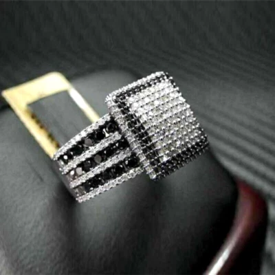 14K White Gold Over Men 1.75 Ct Round Cluster Black Diamond Classic Wedding Ring - Image 1 of 4