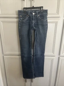 True Religion World Tour,women’s Blue Denim White stitching Bootcut leg Jeans 28 - Picture 1 of 19