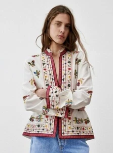 ZARA Jacket Large Ivory Cotton Linen Embroidered Birds Floral Button Long Sleeve - Picture 1 of 16