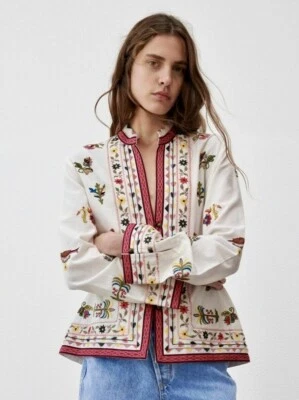 Chaqueta ZARA Grande Marfil Algodón Lino Bordado Pájaros Floral Botón Manga Larga Foto 1 de 4