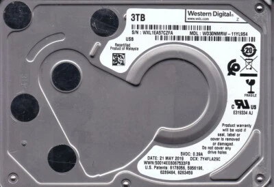 WD WD30NMRW-11YL9S4 sn: WXL1E Malaysia MAY 2019 3TB USB 3.0 2.5" HDD B17-09 - Image 1 of 2