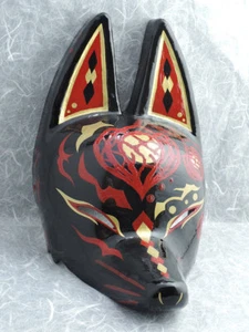 New Japanese fox half mask motif " Hozuki (ground cherry) " Black Red  Hand made - Picture 1 of 9