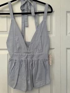Free People Blue Seersucker Babydoll Blouse Tank Top Size 10 - Picture 1 of 2