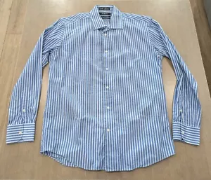 Mens Saks Fifth Avenue 2 Ply Cotton Striped Dress Blue 16.5 34/35 - Picture 1 of 3