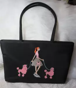 SYDNEY LOVE BLACK PURSE HANDBAG EMBROIDERED GIRL & PINK POODLES - Picture 1 of 14