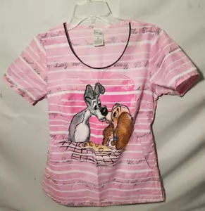 Disney Women's Scrub Top Lady and the Tramp Pink Size XS Round Neck Pockets - Picture 1 of 5