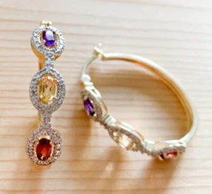 GORGEOUS GENUINE MULTI GEMSTONE & DIAMOND HUGGIE EARRINGS NEW! - Picture 1 of 3