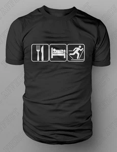 Eat Sleep Ski Tshirt Skiing Downhill Cross-country XC Touring T-shirt M-XXL NEW - Picture 1 of 9