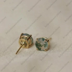Moos Agate Stud Earrings ,925 Sterling Silver Gold Plated Gift For Anniversary - Picture 1 of 8