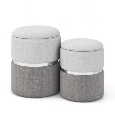 Linen Fabric Storage Ottoman Set of 2 w/ Sliver Stainless Steel Hoop for Bedroom - Image 1 of 4