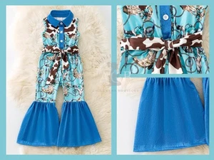 Girls Cowgirl Romper Western Cow Print Bell Bottom Denim Outfit 2/3T - Picture 1 of 6