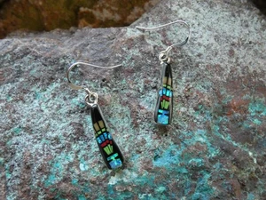 Kachina Micro Inlay Multi Gemstone Fire Opal Sterling Silver Small Earrings AP84 - Picture 1 of 7