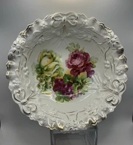 Antique German Porcelain Gold Guilt Serving Dish Roses Grapes Floral 10.25” - Picture 1 of 5
